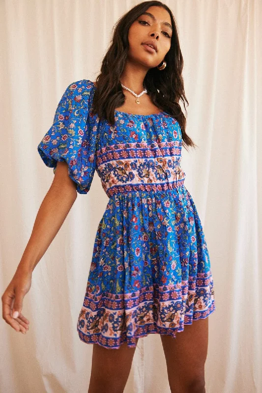 Blue Boho Mini Dress Short Sleeve Off Shoulder Skater