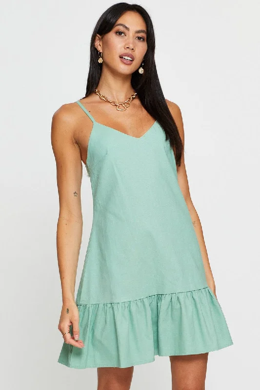 Green A Line Dress Mini V Neck