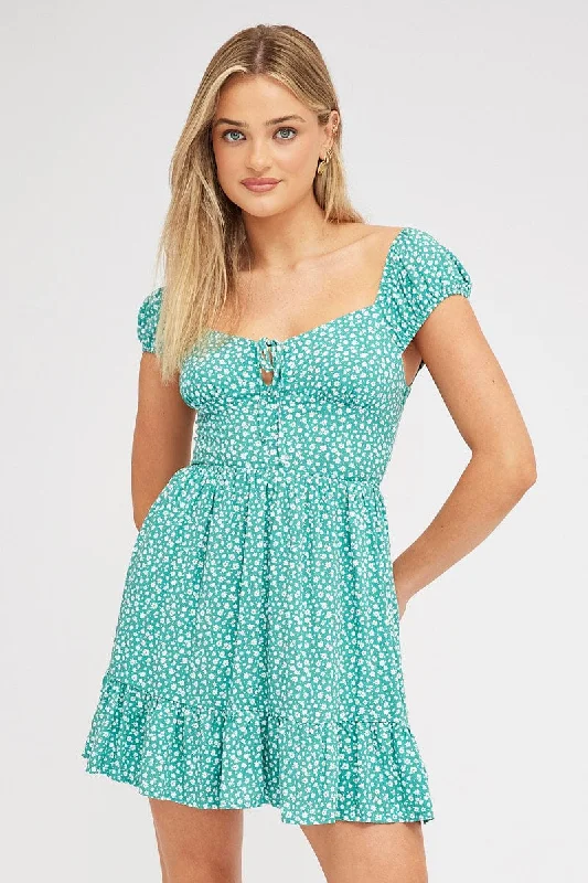 Green Ditsy Fit And Flare Dress Mini