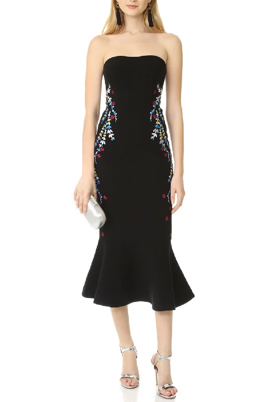 Black Luna Strapless Embroidered Mermaid Midi Dress