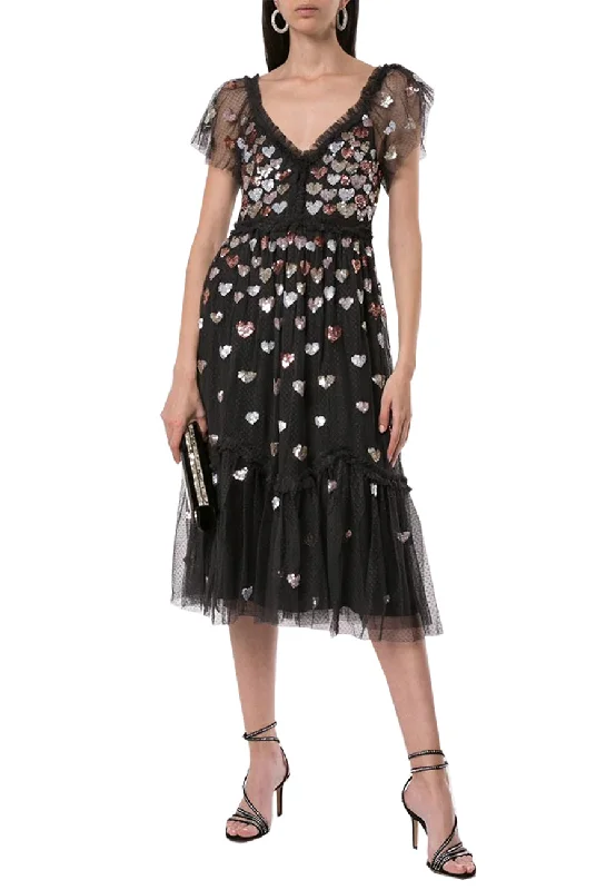 Black Love Heart Sequins Midi Dress