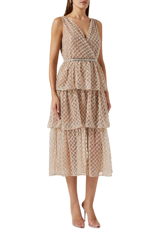 Beige Grid Sequins Tiered Midi Dress