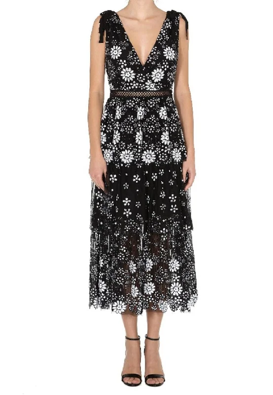 Black Starlet Deco V-neck Sequins Tiered Midi Dress (UK 8)