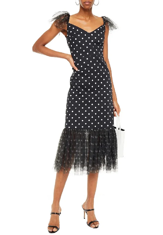 Black Marwa Ruffled Polka Dot Tulle Midi Dress