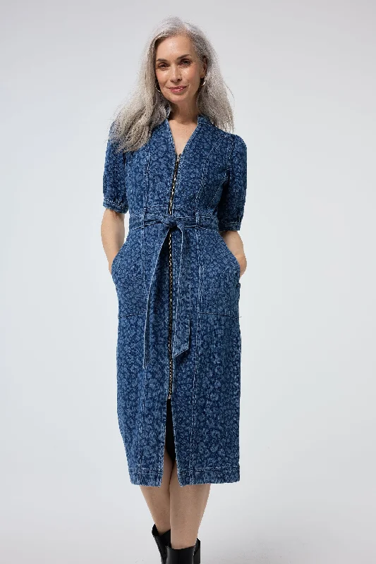 Authentic Indigo Leopard Zip Detail Midi Denim Dress