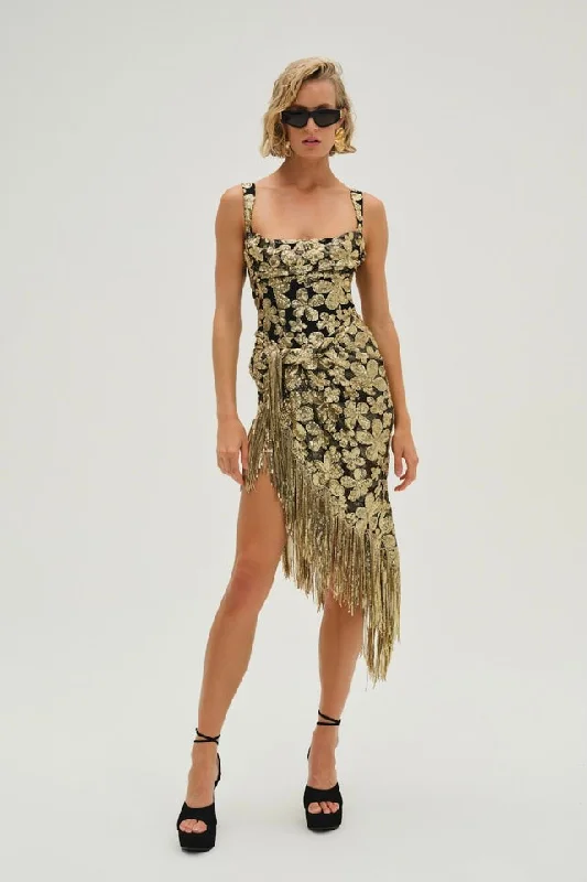 For Love & Lemons Anisa Fringe Midi Dress - Gold