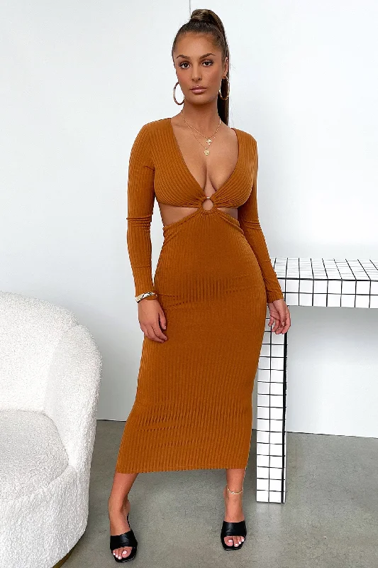 Laska Midi Dress - Rust Brown