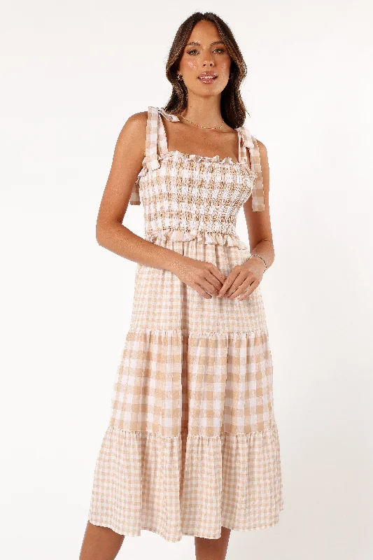 Rach Midi Dress - Beige Check