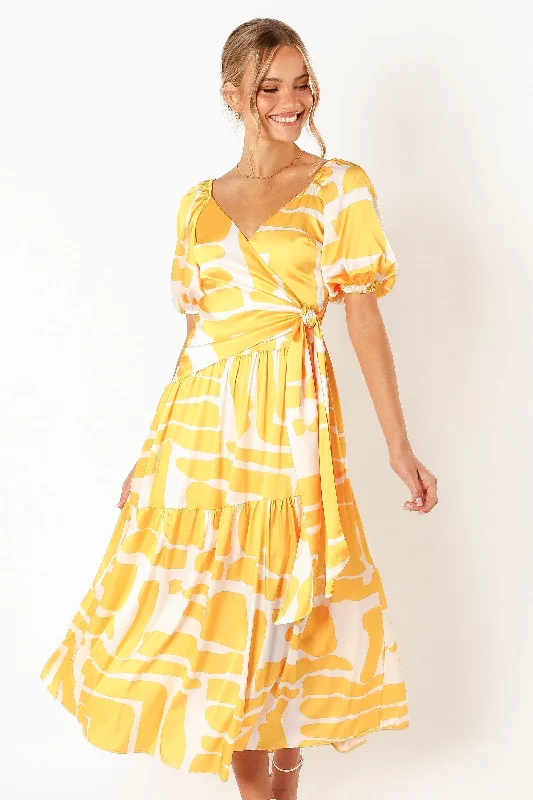 Tabitha Wrap Midi Dress - Yellow Print