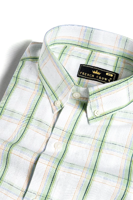 Bright White and Patina Green Plaid Dobby Textured Premium Giza Cotton Shirt