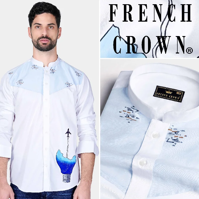 Bright White and Ziggurat Blue Hand Painted Subtle Sheen Super Soft Premium Cotton Designer Shirt