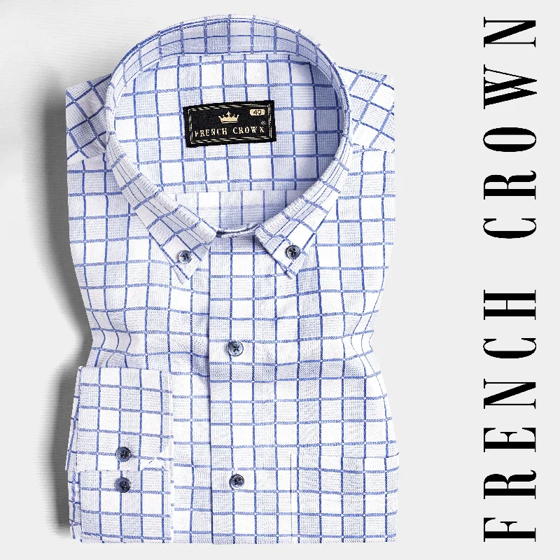 Bright White with Casper Blue and Black Checkered Dobby Textured Premium Giza Cotton Shirt