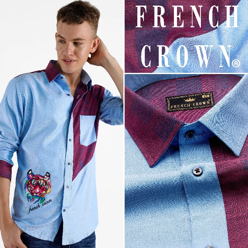 Casper Blue And Eclipse Wine Lion Embroidered Jacquard Textured Premium Cotton Designer Shirt