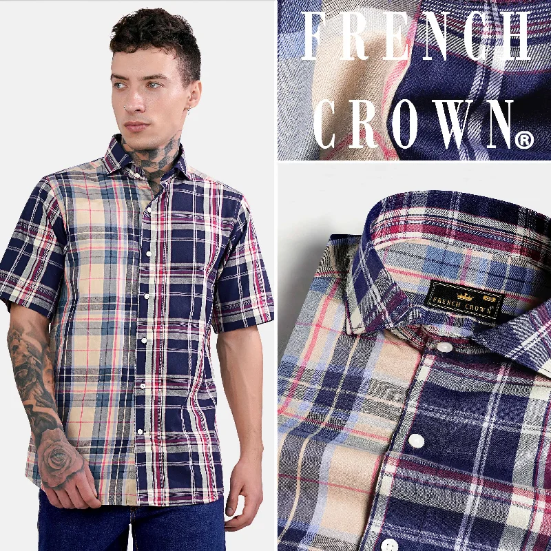 Haiti Blue and Akaroa Brown Twill Plaid Premium Cotton Half Sleeved Designer Shirt