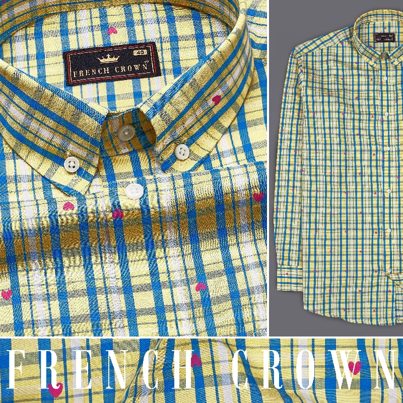 Marzipan Yellow with Matisse Blue Checkered with Heart Printed Premium Cotton Shirt