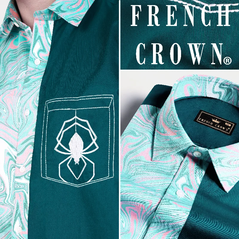 Teal Green Spider and Tiger Embroidered with Blizzard Blue and Cavern Pink Marble Printed Subtle Sheen Super Soft Premium Cotton Designer Shirt