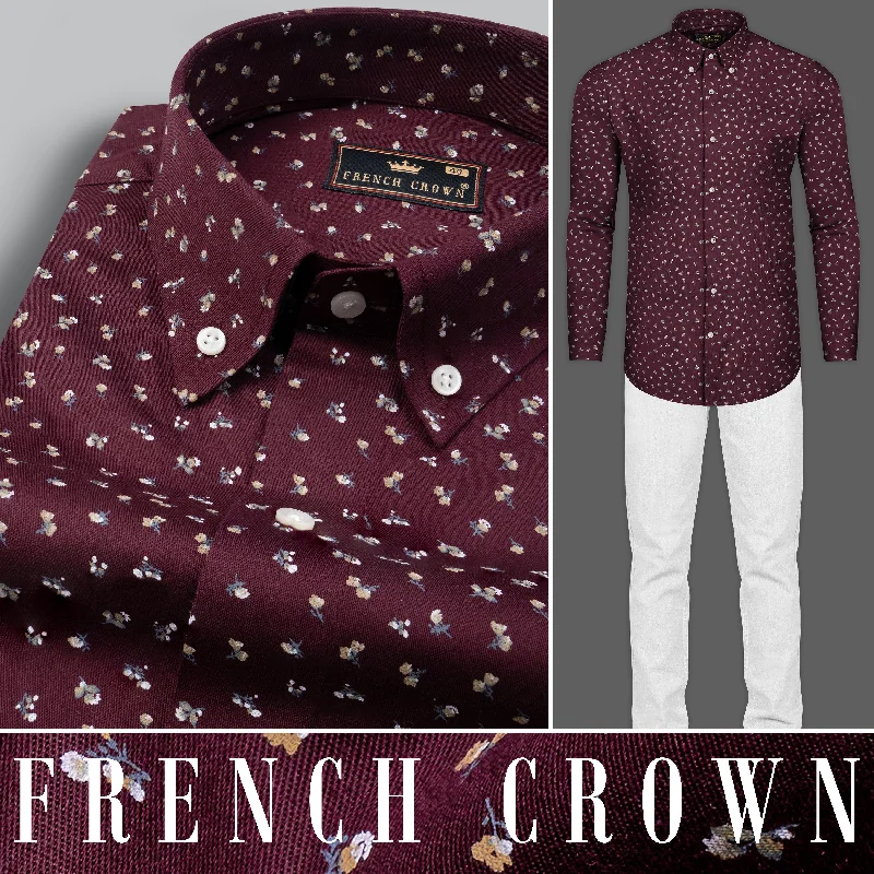 Wine Color with Ditsy Flower Printed Twill Premium Cotton Shirt