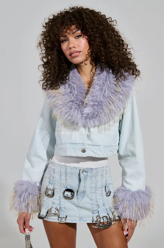 AD ASTRA FUR TRIM JACKET IN LIGHT BLUE DENIM