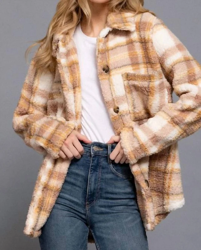 Annika Oversized Plaid Faux Fur Shacket In Mustard