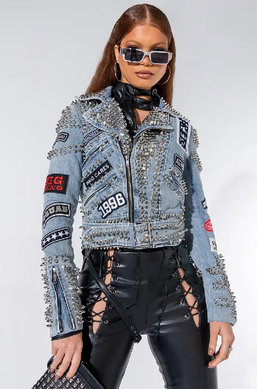 AZALEA WANG ACDC STUDDED PATCHWORK DENIM MOTO JACKET