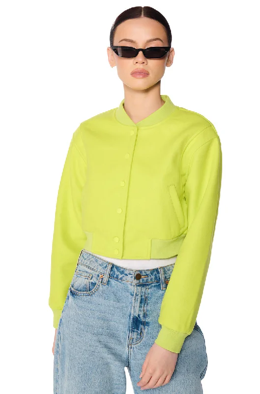 DAVIS EVERYDAY VARSITY BOMBER IN NEON GREEN