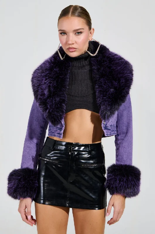 GISELE CROPPED FUR TRIM DENIM JACKET IN PURPLE