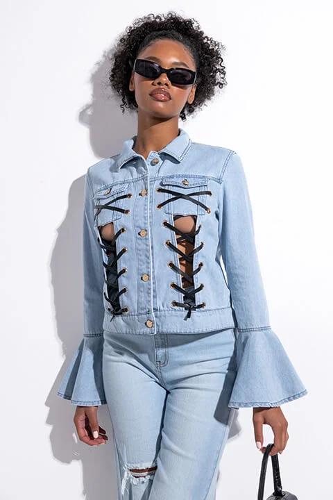 RYLEY LACE UP DENIM BELL SLEEVE JACKET