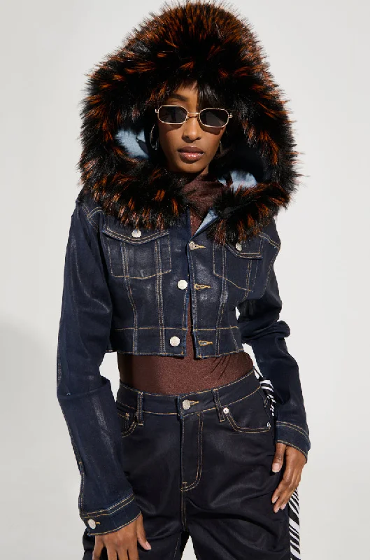 SITTING PRETTY FUR TRIM COATED DENIM JACKET