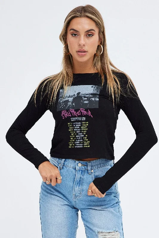 Black Top Long Sleeve Crew Neck Semi-Crop Tour Graphic