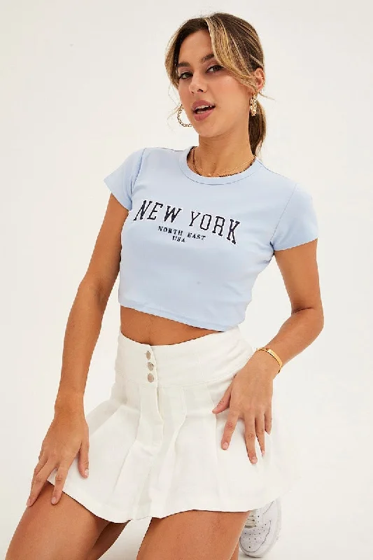 Blue Baby Tee Short Sleeve Crop Round Neck