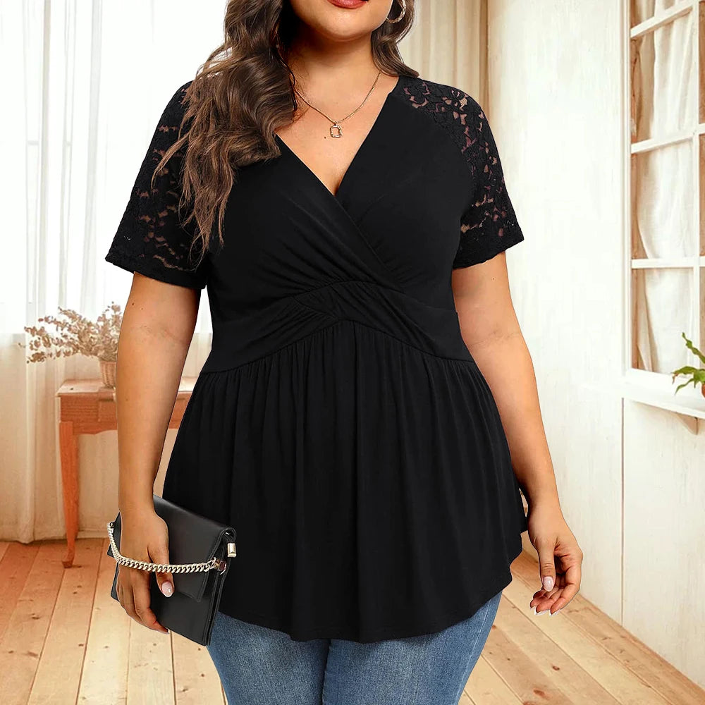 Women's Ruffled V Neck Fashion Designer Hallow Out T-Shirts (Plus Size)